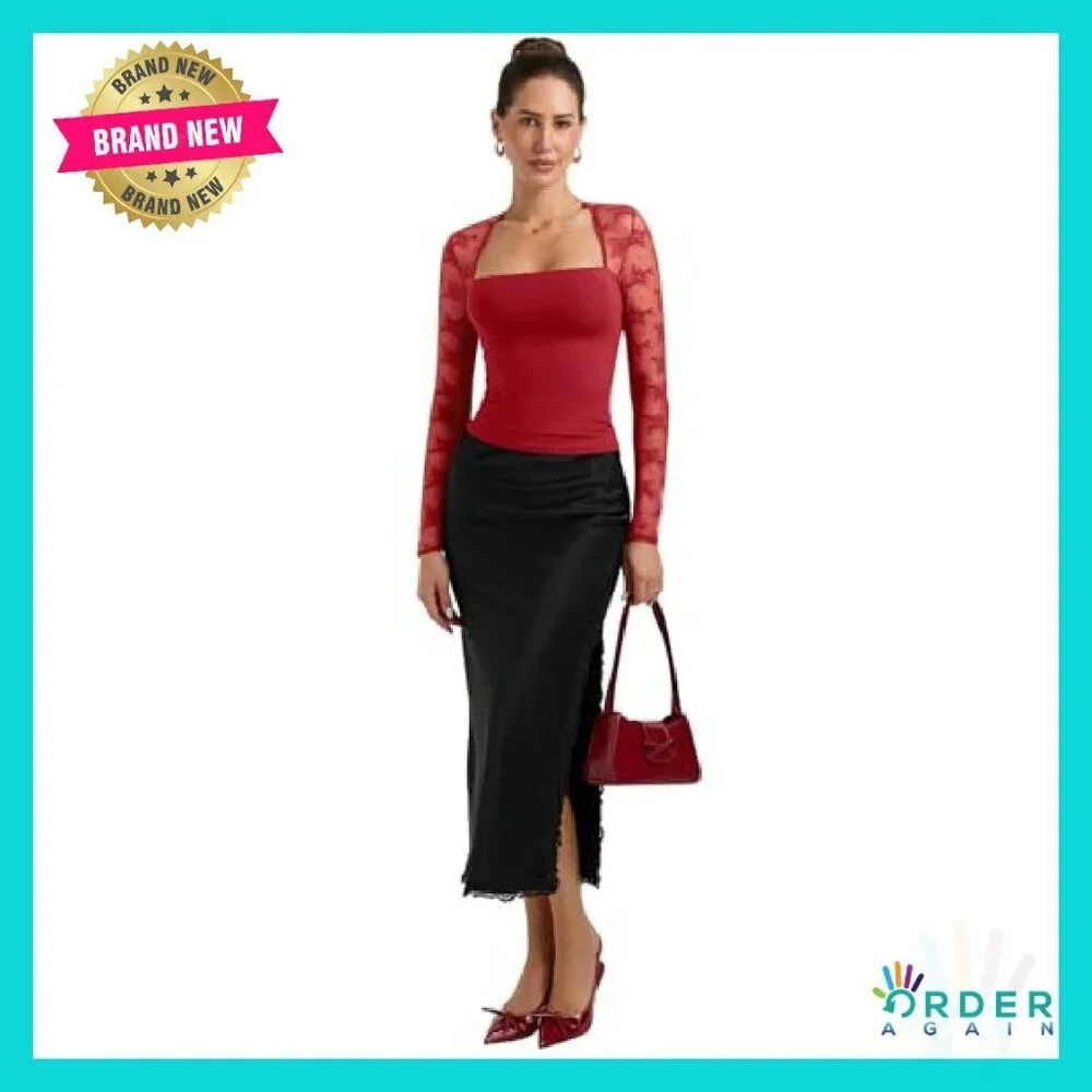 Square Neck Lace Long Sleeve Top Y2K Slim Fit Elegant Going Out Shirt